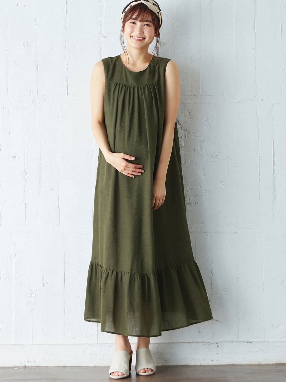 マタニティ ワンピース|ワッシャーガーゼ裾ティアードワンピース　マタニティ・授乳服【出産後も長く使える】|カーキ